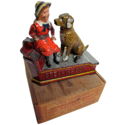 Mechanical Bank "Speaking Dog" ca. 1885 with Original Wooden Box