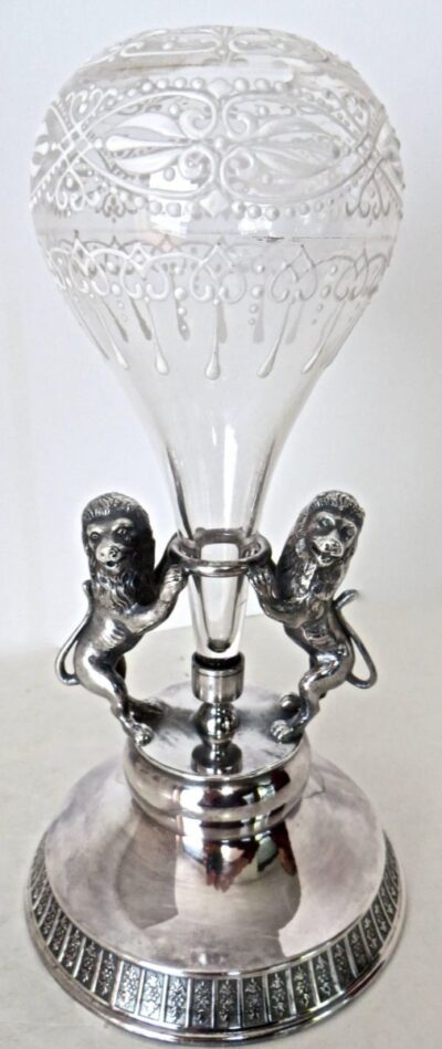 19th C. Pair Passant Lions with Hot Air Balloon. Silver Plate Epergne. Meriden