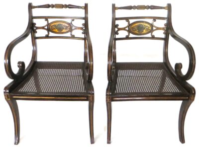 Pair Regency Faux Japanned and Parcel Gilt Arm Chairs.  Circa 1810