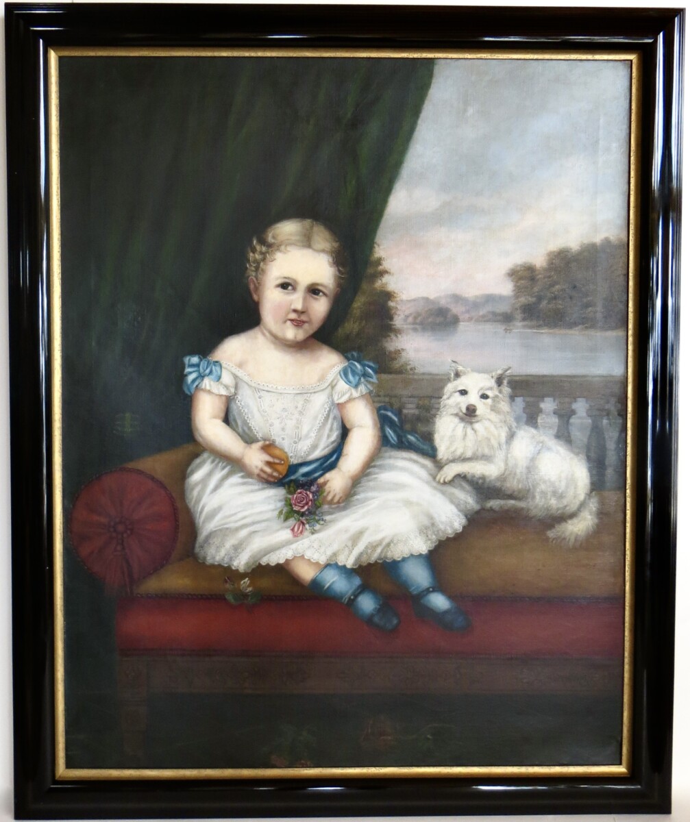 白*犬様 Ado ポスター 19thC American Folk Art Portrait Painting Of A Young Girl Seated