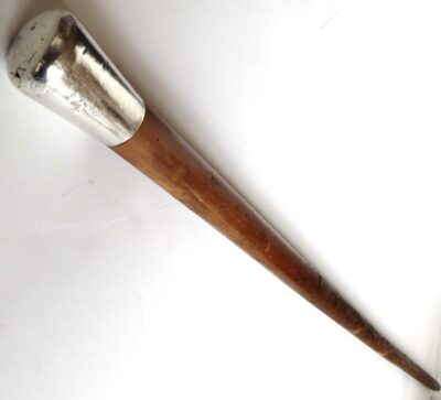 American Cylindrical Sterling Silver Handle On Wooden Walking Stick. Circa 1895