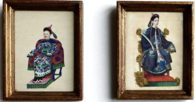 19thC Chinese Pair of Pith Paintings "Emperor Xianfeng & Consort Qing" C.1855
