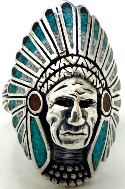 Native American Indian Chief Head Sterling Silver & Inlay Authentic Navajo Ring