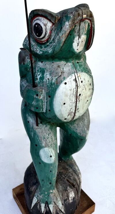 Early 20thC. American Folk Art Hand Carved "Standing Frog Fisherman" Fish Bait Shop Advert