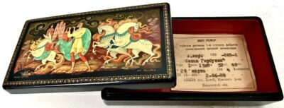 Russian Black Lacquer Children's Themed Hand Painted Jewelry Box. Signed C.1980