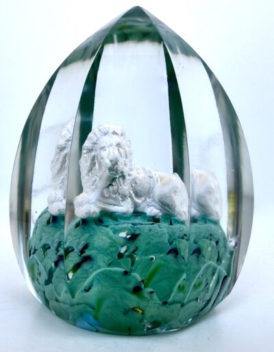 Lion Themed Bohemian Sulphide Multi Faceted Glass Paperweight Czech Circa 1900
