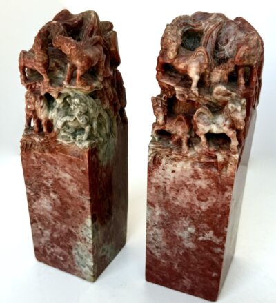 Large Mid-Century Chinese Hand-Carved Oxblood Pair of Soapstone "Eight Horses of King Mu" Motif Seal Bookends