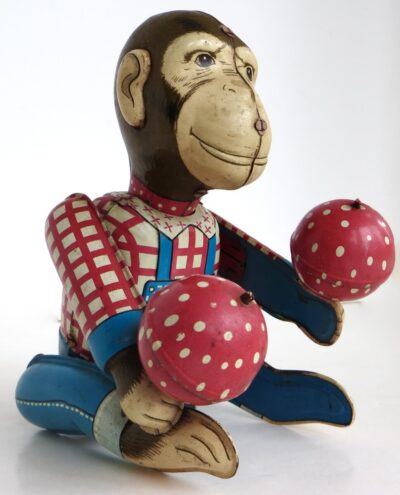 "Monkey Playing Maracas" Vintage Tin Wind-Up Toy Marked "Haji" Japan Circa 1950's