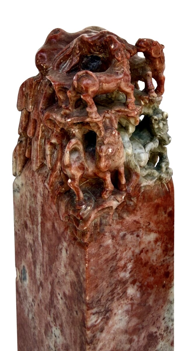 Large Mid-Century Chinese Hand-Carved Oxblood Pair of Soapstone "Eight Horses of King Mu" Motif Seal Bookends - Image 6