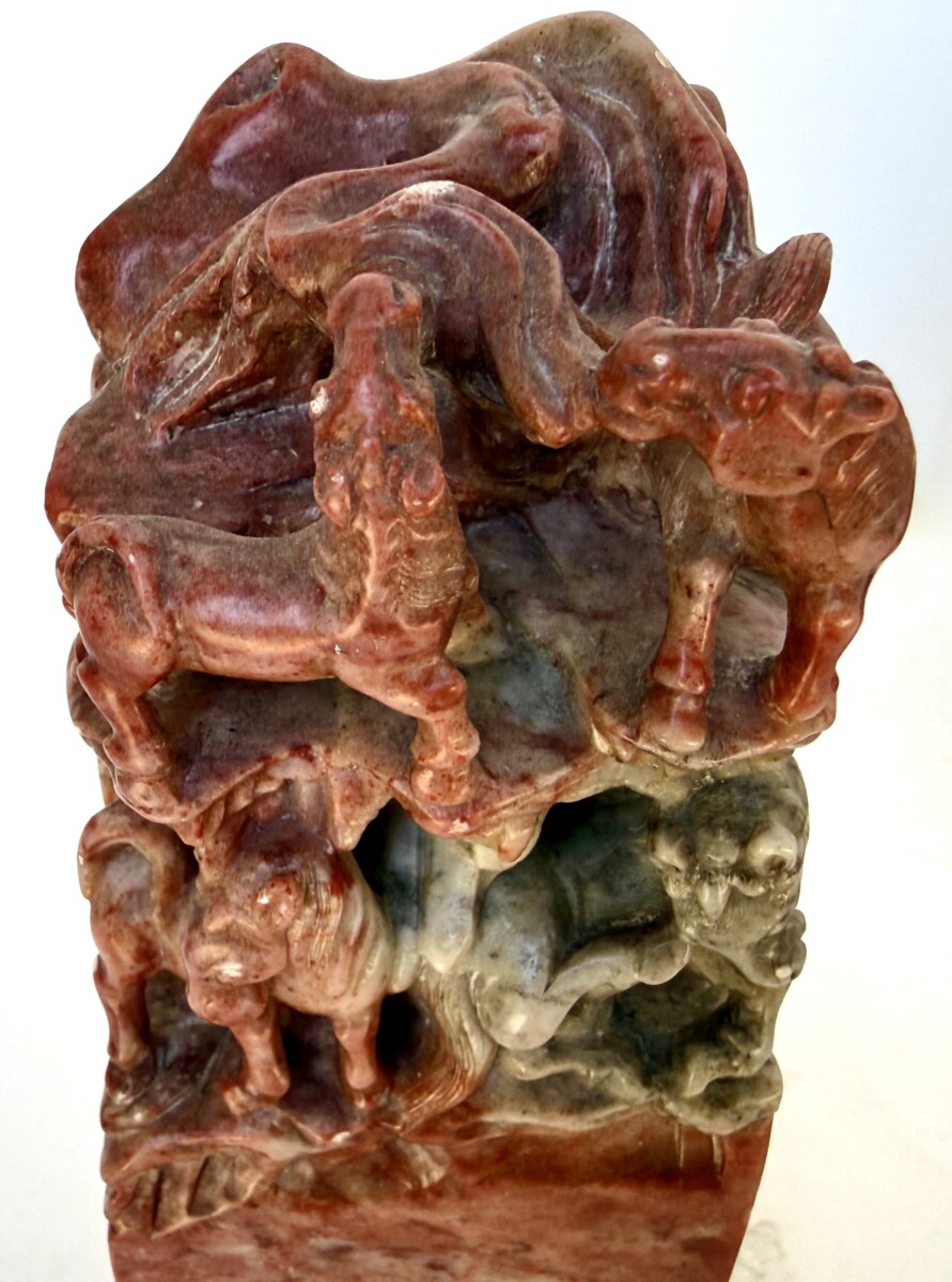 Large Mid-Century Chinese Hand-Carved Oxblood Pair of Soapstone "Eight Horses of King Mu" Motif Seal Bookends - Image 7