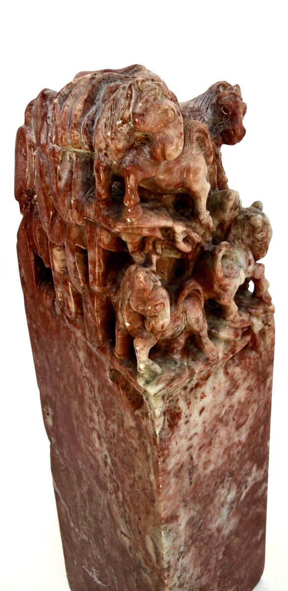 Large Mid-Century Chinese Hand-Carved Oxblood Pair of Soapstone "Eight Horses of King Mu" Motif Seal Bookends - Image 9